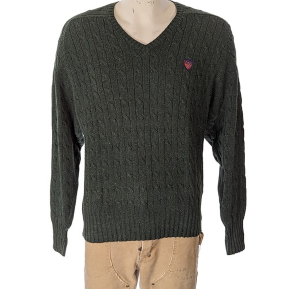 Polo Ralph Lauren Mens Vintage Green Cable Knit V-Neck Cotton Sweater Sz M EUC